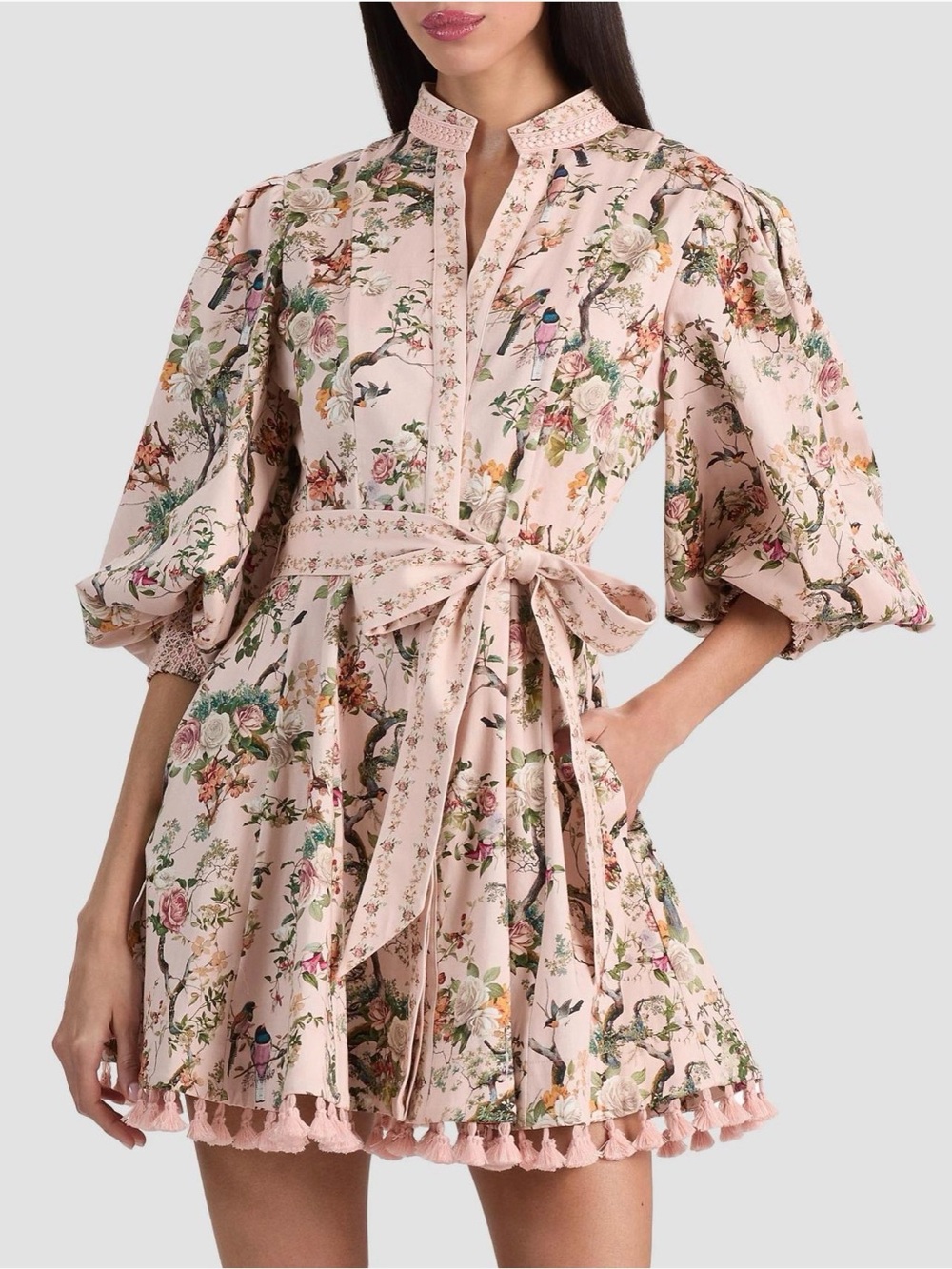 NWT Alice and Olivia Lucy strech cot Floral Tie-Waist Mini Dress in Blush Pink